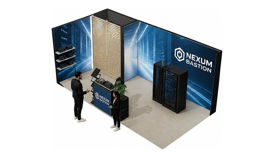 Stoisko 6 × 3 m narożne lewe dla branży infrastruktura IT i data center, przykładowa marka Nexum Bastion