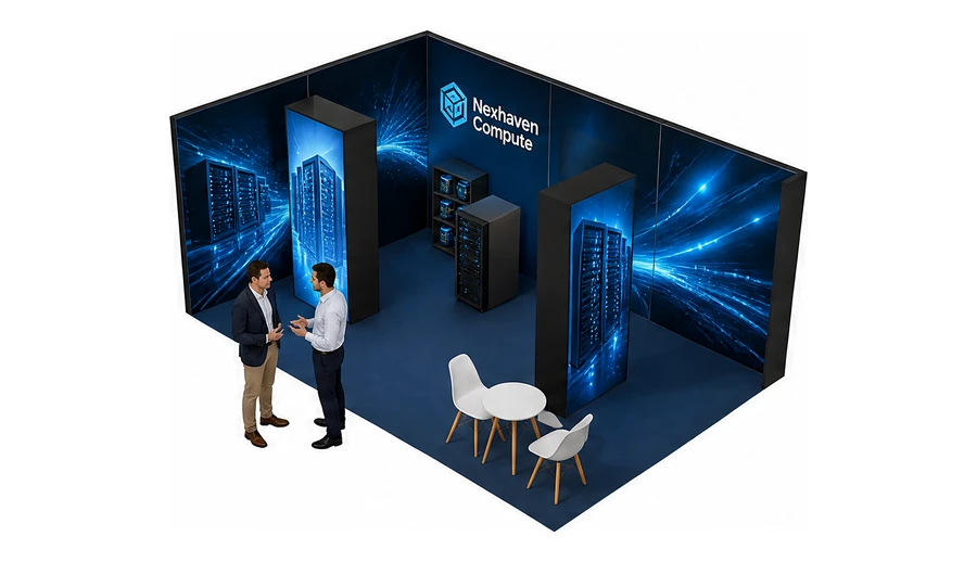 Stoisko 6 × 4 m narożne lewe dla branży infrastruktura IT i data center, przykładowa marka Nexhaven Compute