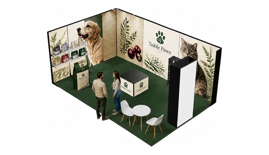 Stoisko 6 × 4 m narożne lewe dla branży karma dla zwierząt, przykładowa marka Noble Paws