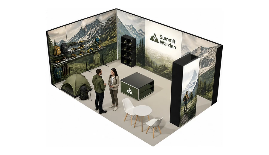 Stoisko 6 × 4 m narożne lewe dla branży odzież i sprzęt outdoorowy, przykładowa marka Summit Warden