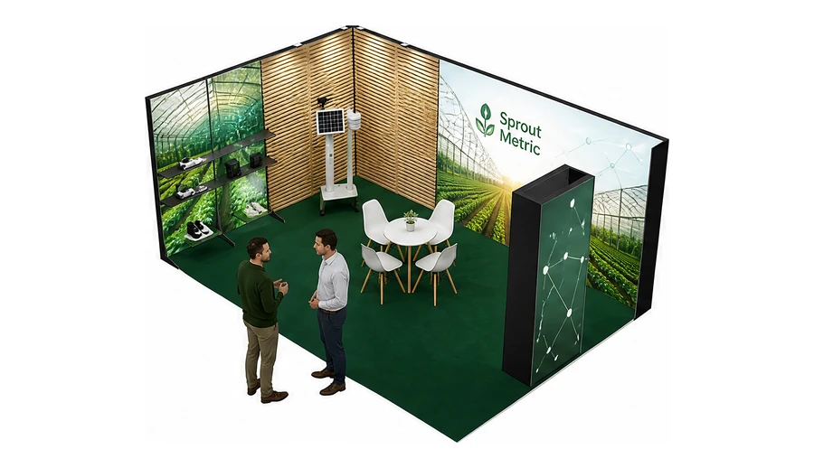 Stoisko 6 × 4 m narożne lewe dla branży sadownictwo i warzywnictwo, przykładowa marka Sprout Metric