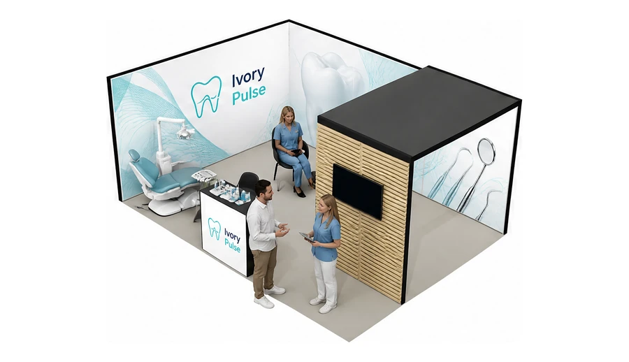 Stoisko 6 × 4 m narożne lewe dla branży stomatologia, przykładowa marka Ivory Pulse