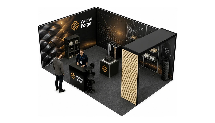 Stoisko 6 × 4 m narożne lewe dla branży materiały kompozytowe, przykładowa marka Weave Forge