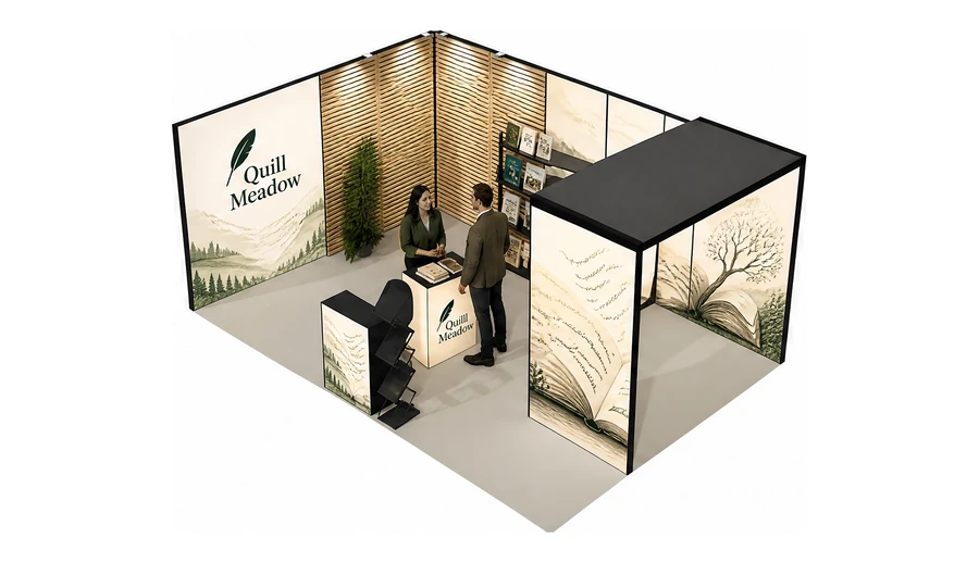 Stoisko 6 × 4 m narożne lewe dla branży wydawnictwa, przykładowa marka Quill Meadow