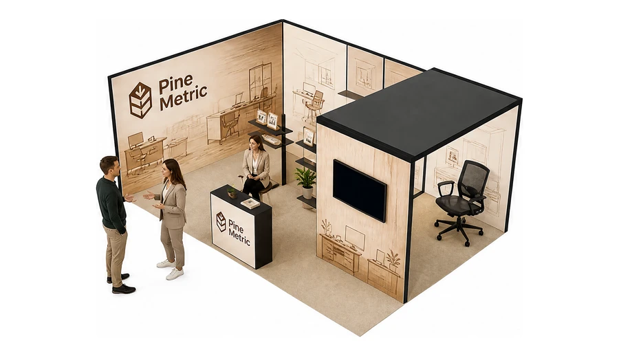 Stoisko 6 × 4 m narożne lewe dla branży meble biurowe, przykładowa marka Pine Metric