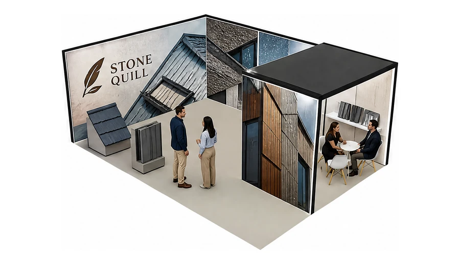Stoisko 6 × 4 m narożne lewe dla branży dachy i elewacje, przykładowa marka Stone Quill