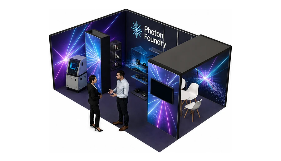Stoisko 6 × 4 m narożne lewe dla branży technika laserowa i fotonika, przykładowa marka Photon Foundry