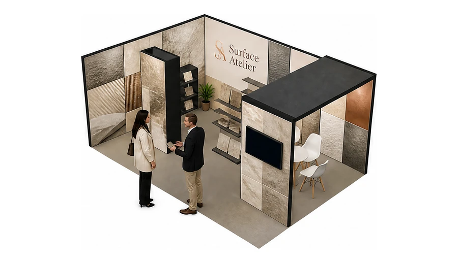 Stoisko 6 × 4 m narożne lewe dla branży wykończenie wnętrz, przykładowa marka Surface Atelier