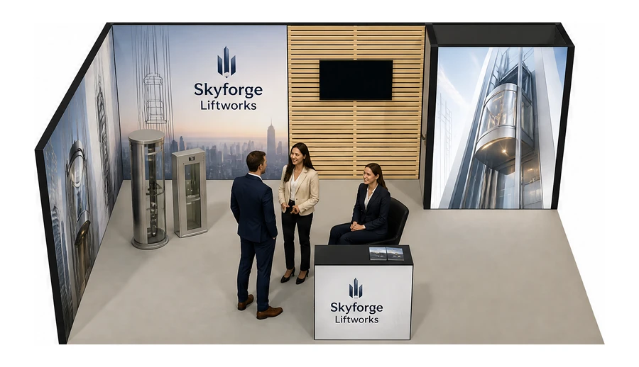 Stoisko 6 × 4 m narożne lewe dla branży dźwigi i windy, przykładowa marka Skyforge Liftworks