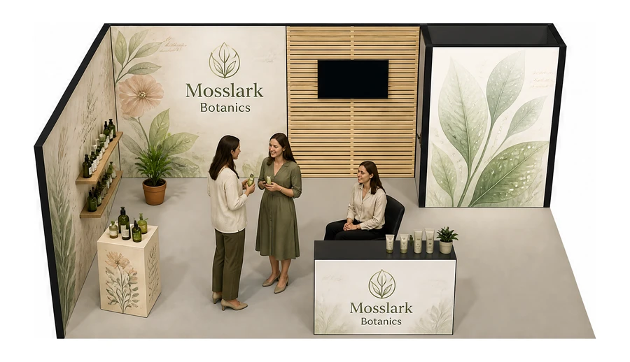 Stoisko 6 × 4 m narożne lewe dla branży kosmetyki naturalne, przykładowa marka Mosslark Botanics