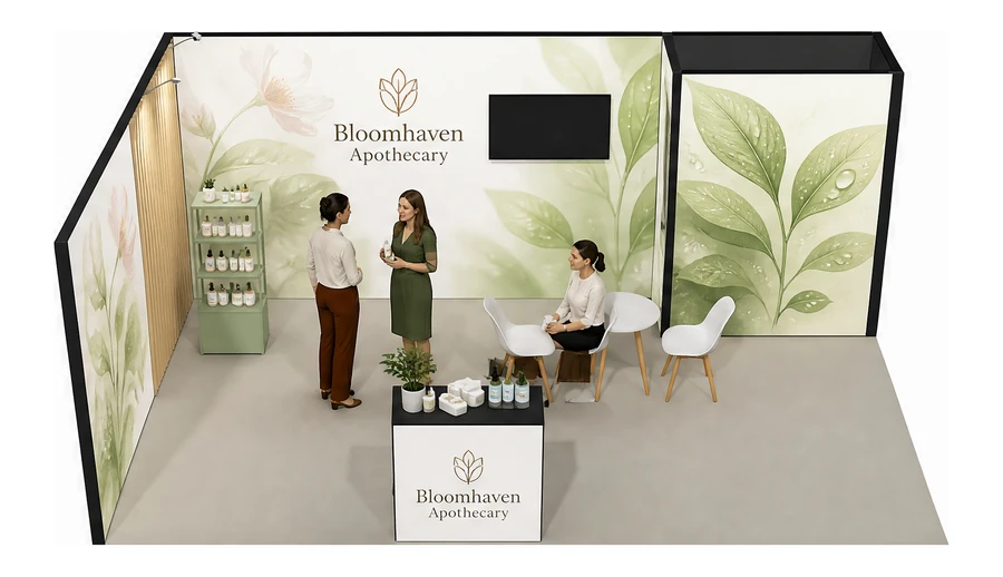 Stoisko 6 × 4 m narożne lewe dla branży kosmetyki naturalne, przykładowa marka Bloomhaven Apothecary