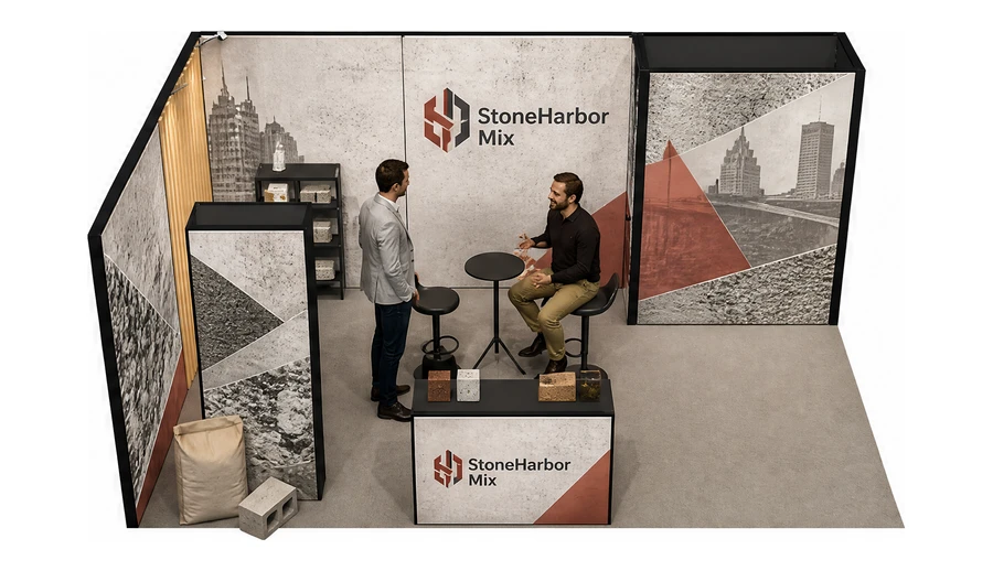 Stoisko 6 × 4 m narożne lewe dla branży materiały budowlane, przykładowa marka StoneHarbor Mix
