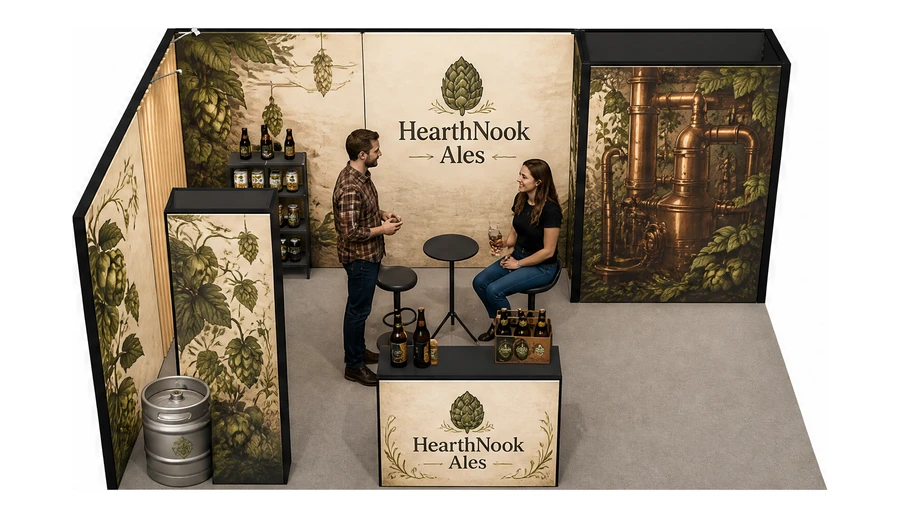 Stoisko 6 × 4 m narożne lewe dla branży browar rzemieślniczy, przykładowa marka HearthNook Ales