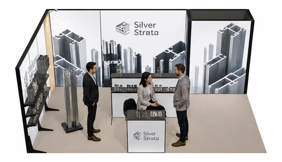 Stoisko 6 × 4 m narożne lewe dla branży profile aluminiowe, przykładowa marka Silver Strata