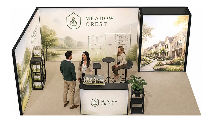 Stoisko 6 × 4 m narożne lewe dla branży deweloperzy i nieruchomości, przykładowa marka Meadow Crest