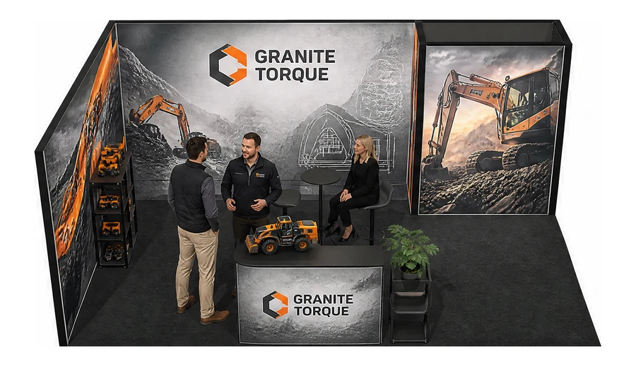 Stoisko 6 × 4 m narożne lewe dla branży maszyny budowlane, przykładowa marka Granite Torque