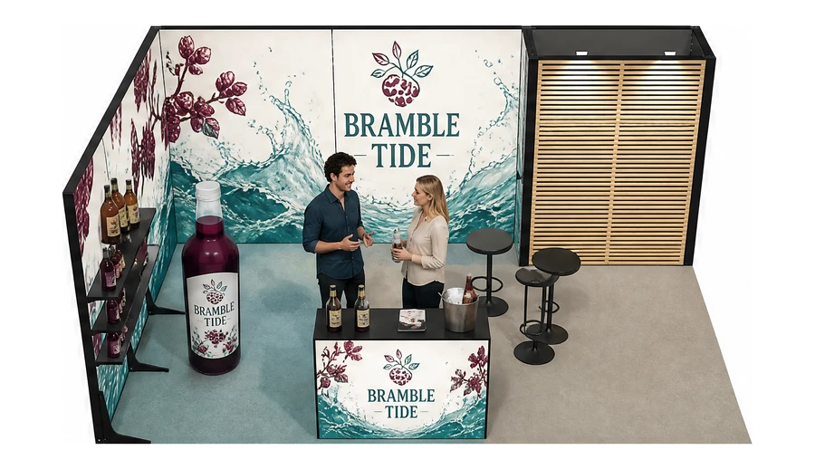 Stoisko 6 × 4 m narożne lewe dla branży napoje, przykładowa marka Bramble Tide