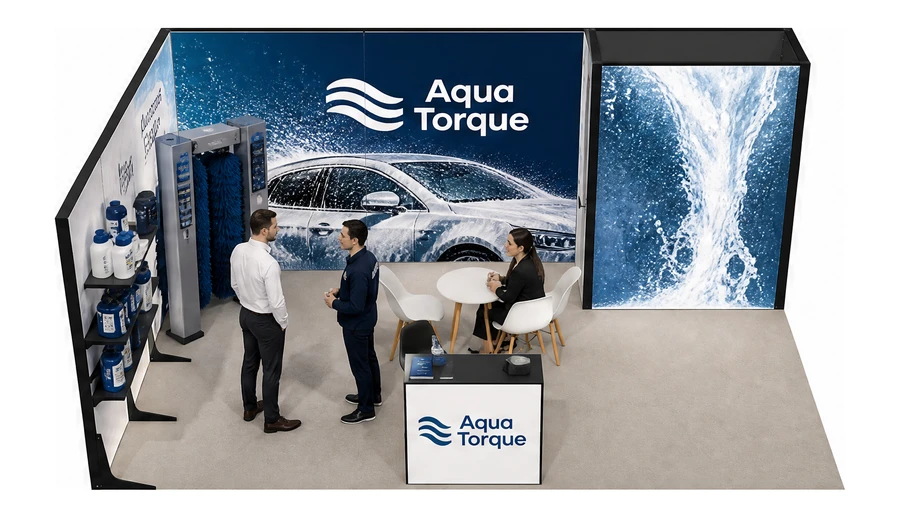 Stoisko 6 × 4 m narożne lewe dla branży myjnie i pielęgnacja aut, przykładowa marka Aqua Torque