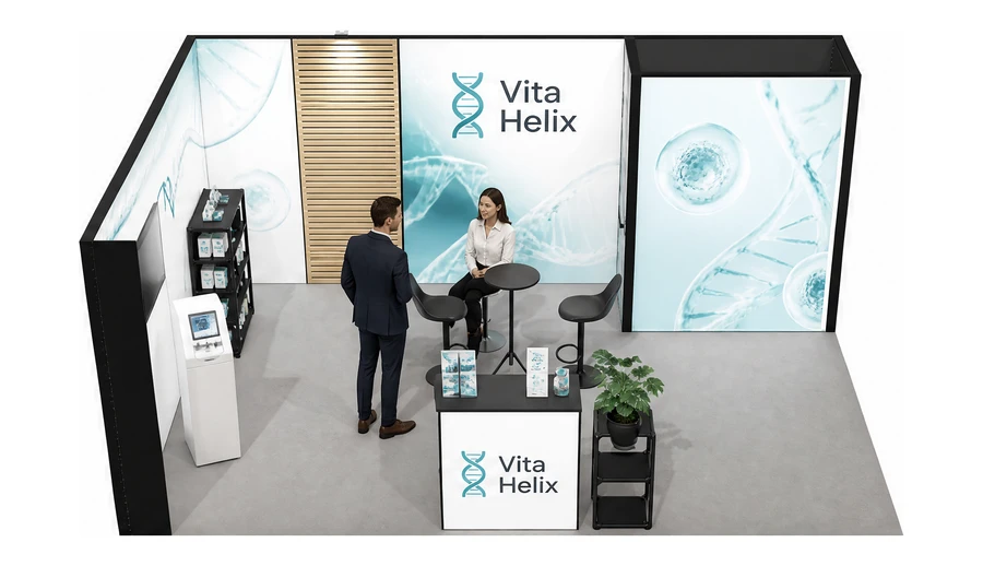 Stoisko 6 × 4 m narożne lewe dla branży farmacja i biotechnologia, przykładowa marka Vita Helix