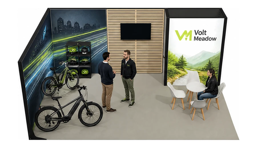 Stoisko 6 × 4 m narożne lewe dla branży rowery elektryczne, przykładowa marka Volt Meadow