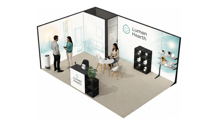 Stoisko 6 × 4 m narożne lewe dla branży smart home i IoT, przykładowa marka Lumen Hearth