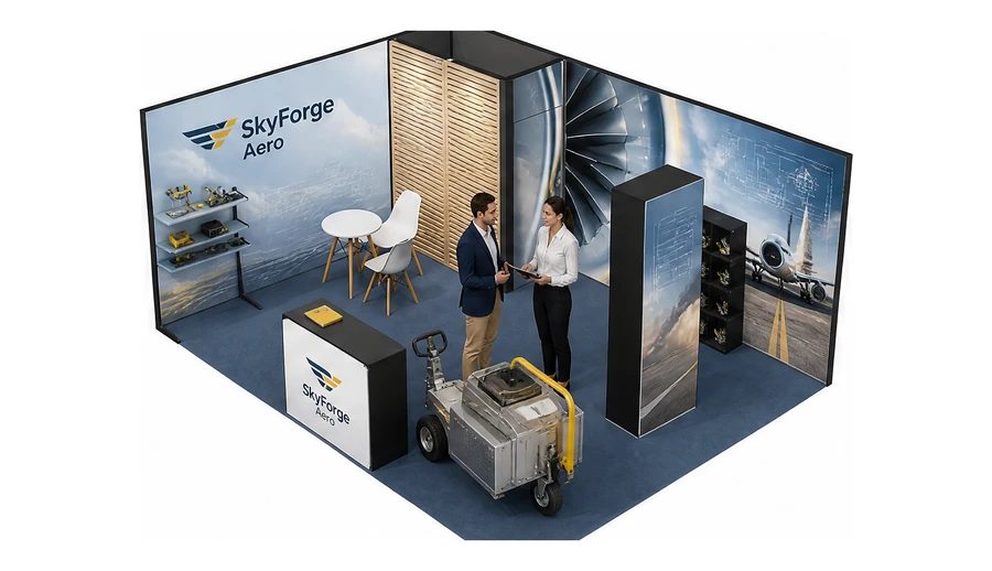 Stoisko 6 × 4 m narożne lewe dla branży lotnictwo, przykładowa marka SkyForge Aero