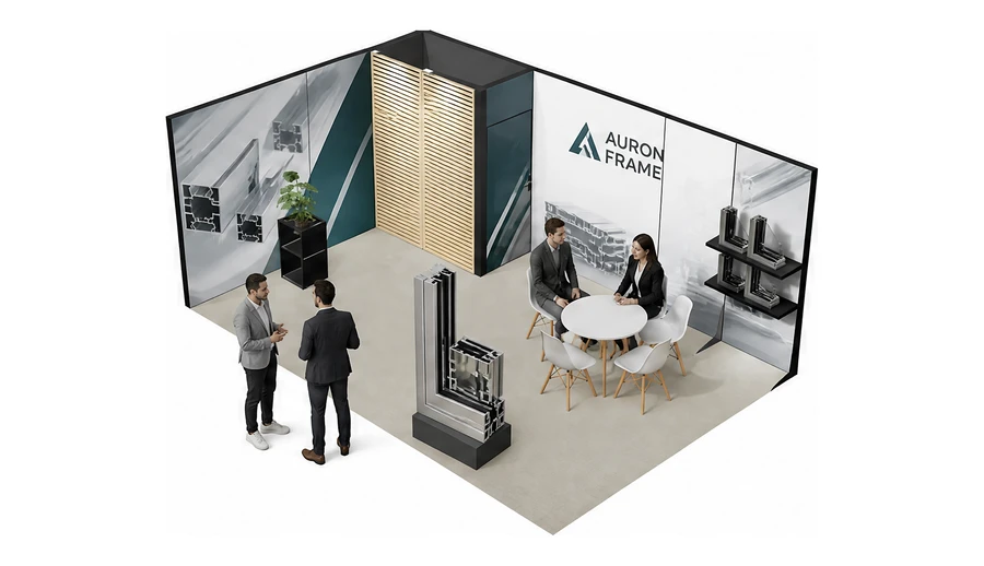Stoisko 6 × 4 m narożne lewe dla branży profile aluminiowe, przykładowa marka Auron Frame