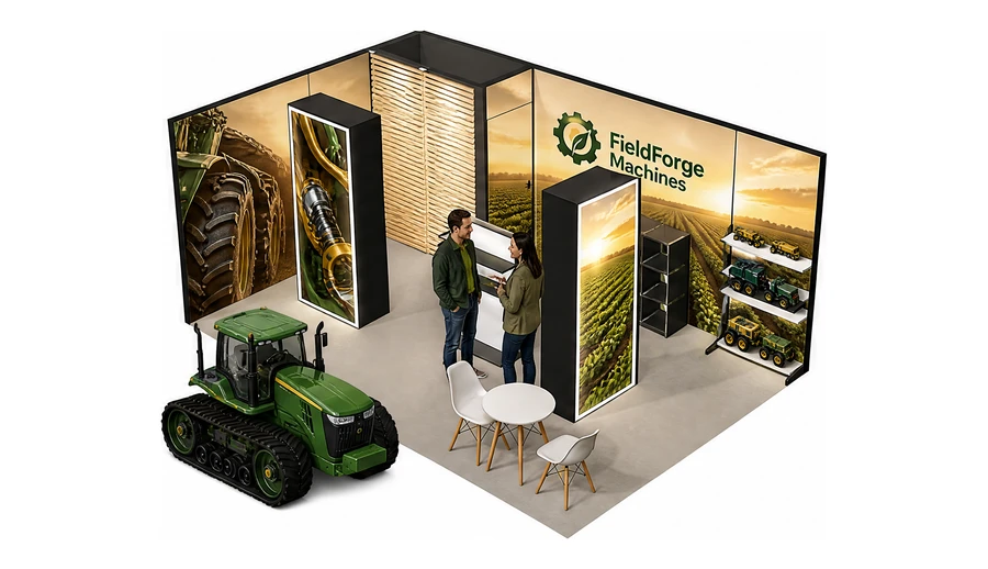 Stoisko 6 × 4 m narożne lewe dla branży maszyny rolnicze, przykładowa marka FieldForge Machines