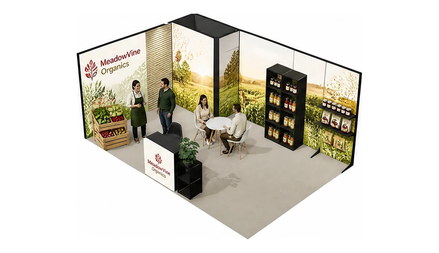 Stoisko 6 × 4 m narożne lewe dla branży żywność ekologiczna, przykładowa marka MeadowVine Organics