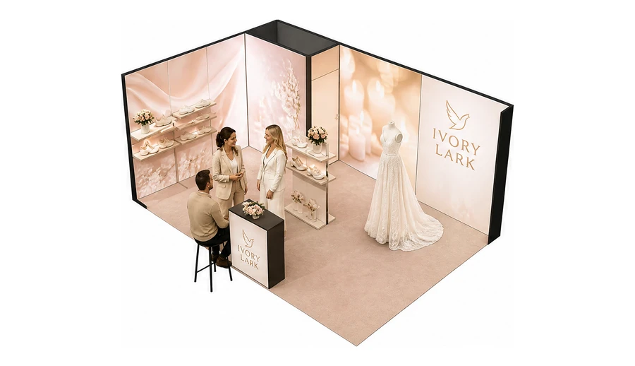 Stoisko 6 × 4 m narożne lewe dla branży branża ślubna, przykładowa marka Ivory Lark