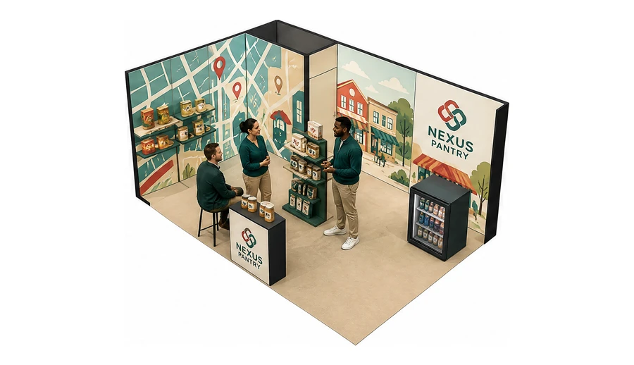 Stoisko 6 × 4 m narożne lewe dla branży franczyza i sieci, przykładowa marka Nexus Pantry