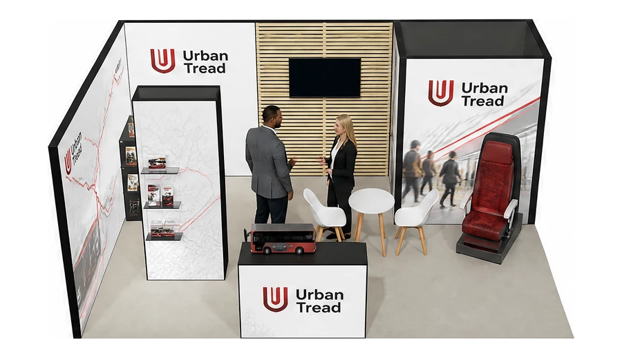 Stoisko 6 × 4 m narożne lewe dla branży autobusy i transport zbiorowy, przykładowa marka Urban Tread