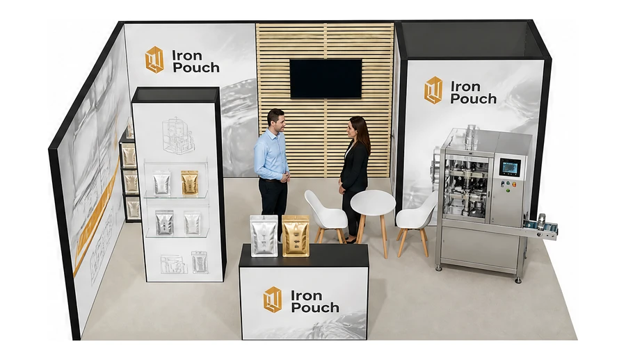 Stoisko 6 × 4 m narożne lewe dla branży maszyny pakujące, przykładowa marka Iron Pouch