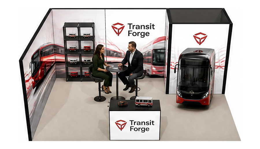Stoisko 6 × 4 m narożne lewe dla branży autobusy i transport zbiorowy, przykładowa marka Transit Forge