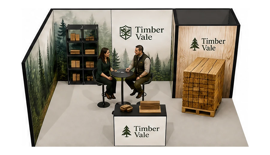 Stoisko 6 × 4 m narożne lewe dla branży leśnictwo i przemysł drzewny, przykładowa marka Timber Vale