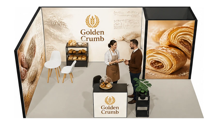 Stoisko 6 × 4 m narożne lewe dla branży piekarnictwo i cukiernictwo, przykładowa marka Golden Crumb