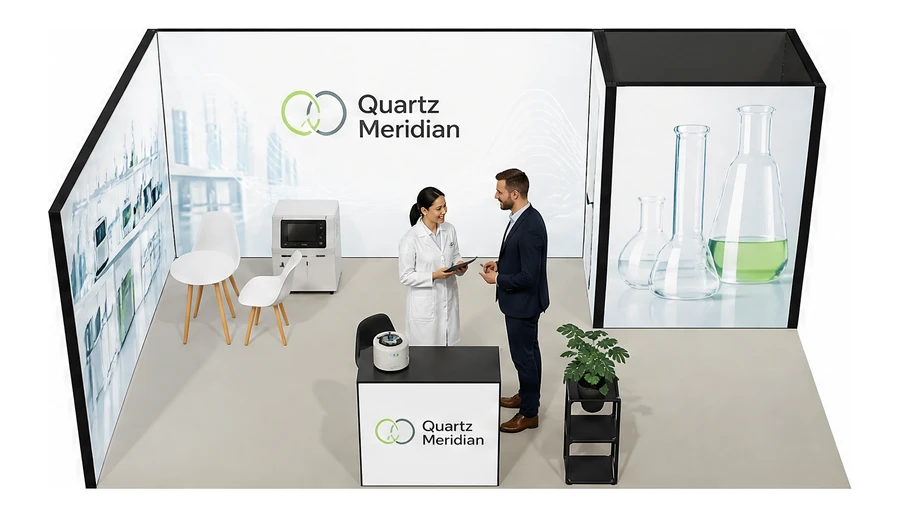 Stoisko 6 × 4 m narożne lewe dla branży sprzęt laboratoryjny, przykładowa marka Quartz Meridian