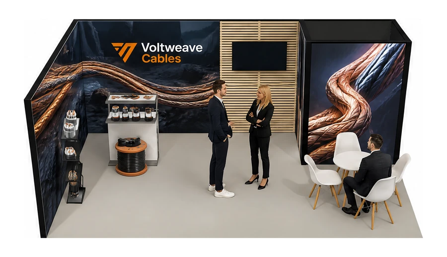 Stoisko 6 × 4 m narożne lewe dla branży kable i elektrotechnika, przykładowa marka Voltweave Cables