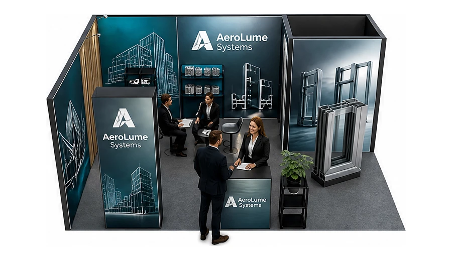 Stoisko 6 × 4 m narożne lewe dla branży profile aluminiowe, przykładowa marka AeroLume Systems