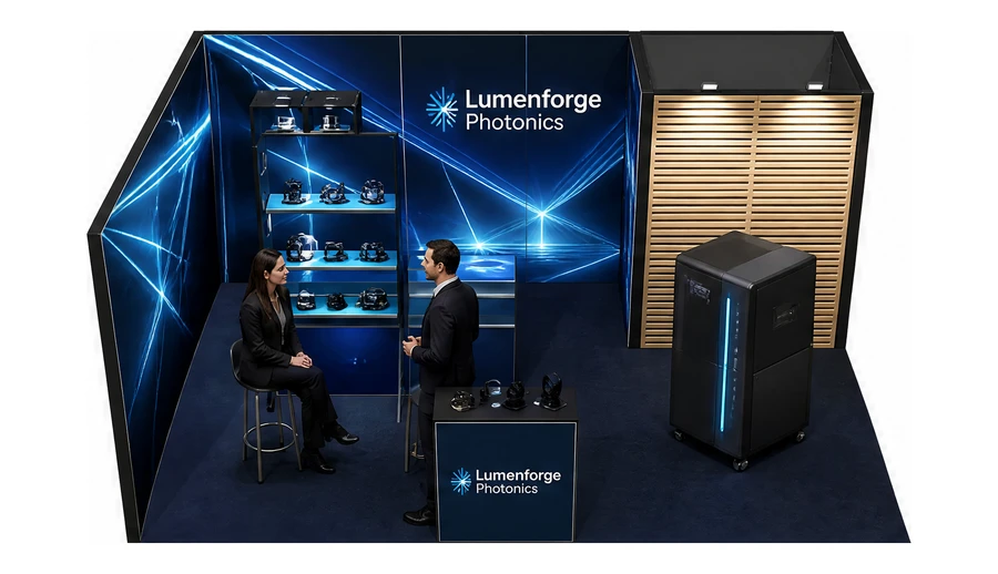 Stoisko 6 × 4 m narożne lewe dla branży technika laserowa i fotonika, przykładowa marka Lumenforge Photonics