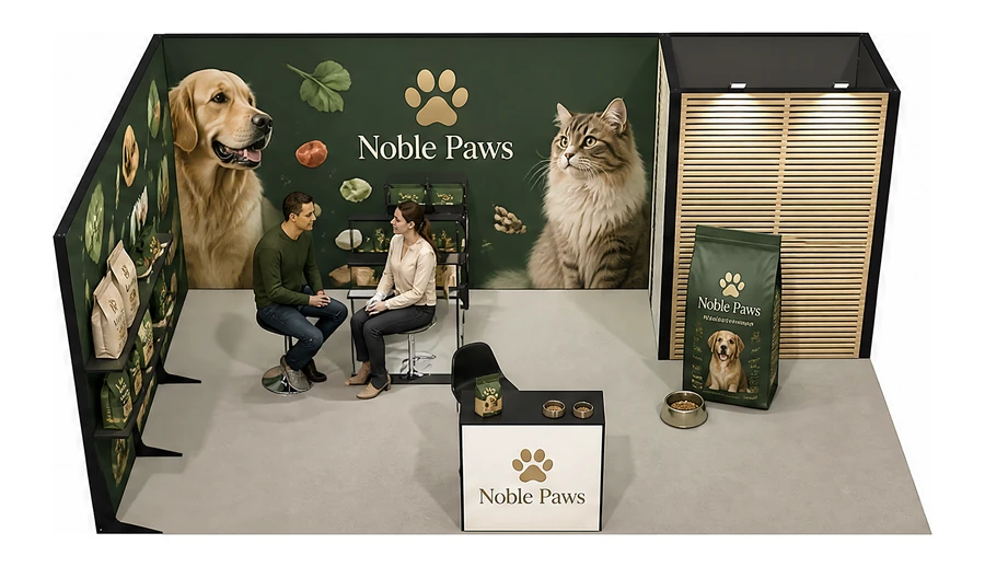 Stoisko 6 × 4 m narożne lewe dla branży karma dla zwierząt, przykładowa marka Noble Paws
