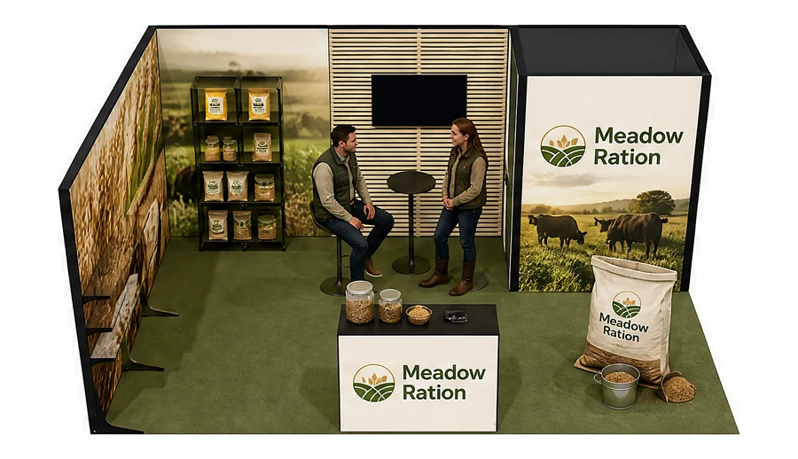 Stoisko 6 × 4 m narożne lewe dla branży hodowla i pasze, przykładowa marka Meadow Ration