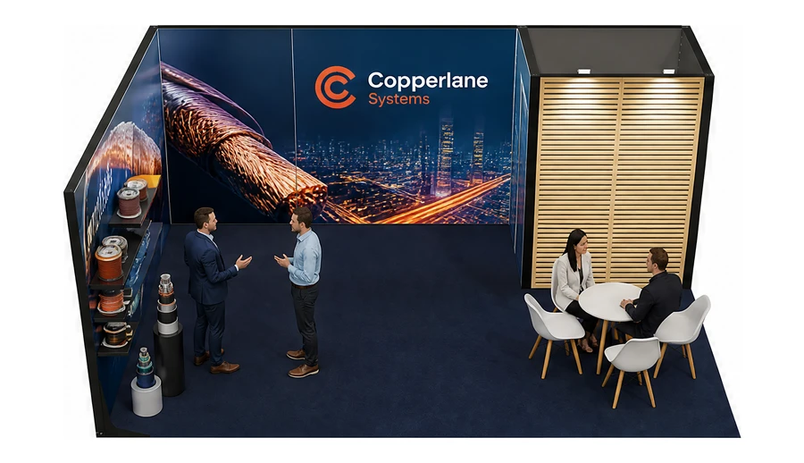 Stoisko 6 × 4 m narożne lewe dla branży kable i elektrotechnika, przykładowa marka Copperlane Systems