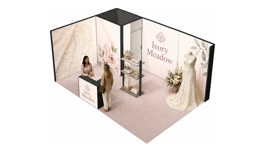 Stoisko 6 × 4 m narożne lewe dla branży branża ślubna, przykładowa marka Ivory Meadow