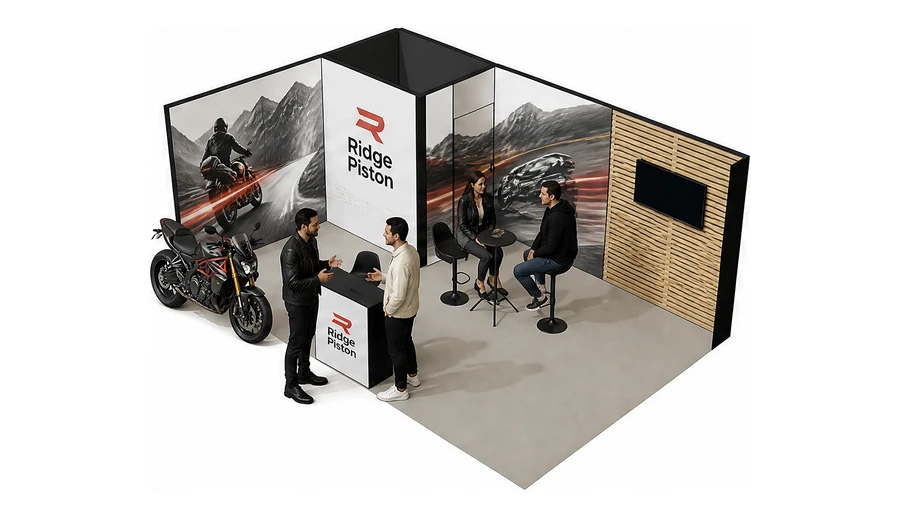Stoisko 6 × 4 m narożne lewe dla branży motocykle i skutery, przykładowa marka Ridge Piston