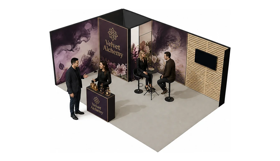 Stoisko 6 × 4 m narożne lewe dla branży perfumy, przykładowa marka Velvet Alchemy