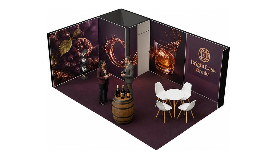 Stoisko 6 × 4 m narożne lewe dla branży napoje, przykładowa marka BrightCask Drinks