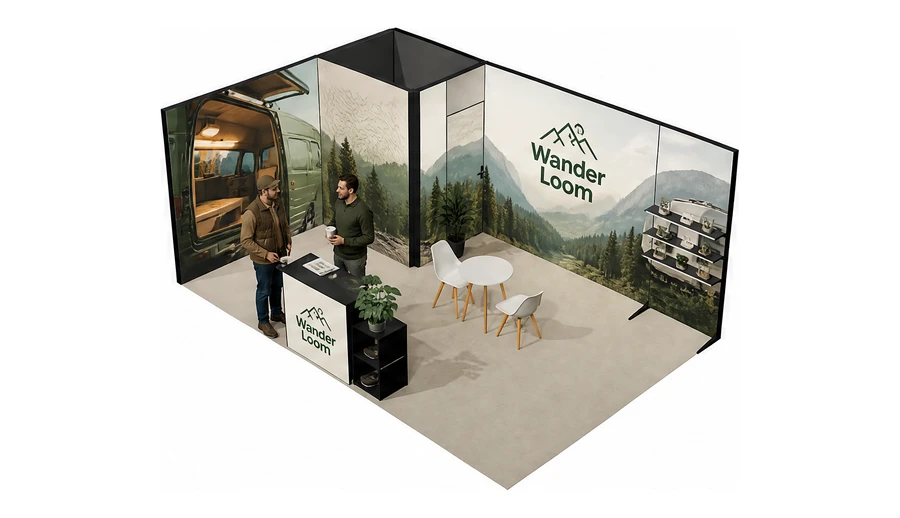 Stoisko 6 × 4 m narożne lewe dla branży caravaning i kampery, przykładowa marka Wander Loom