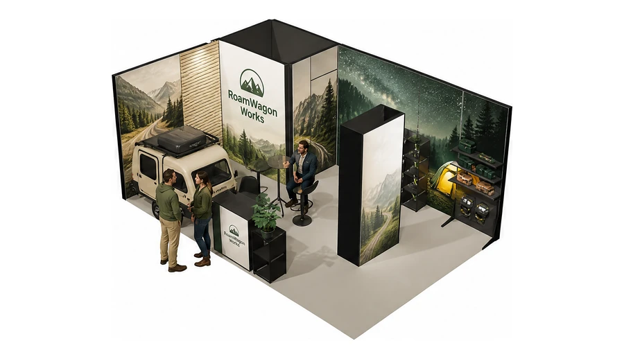 Stoisko 6 × 4 m narożne lewe dla branży caravaning i kampery, przykładowa marka RoamWagon Works