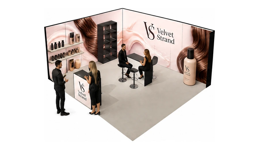 Stoisko 6 × 5 m narożne lewe dla branży fryzjerstwo i salony beauty, przykładowa marka Velvet Strand